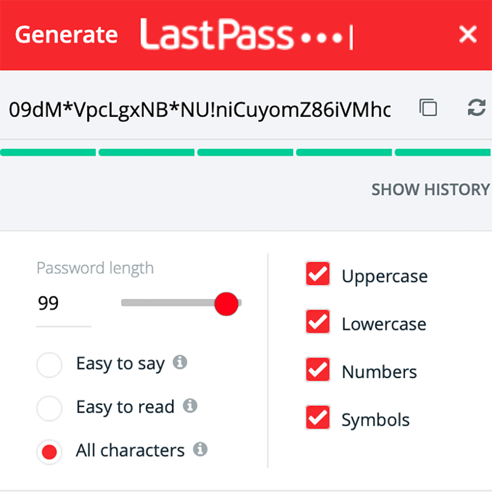 The Last Pass app allows for combinations of passwords up to 99 characters and you can choose how complicated you want it to be. If you don't have to remember it - go big!